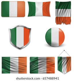 Set of the national flag of Ireland in different designs on a white background. Realistic vector illustration.