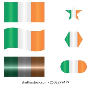 Set of National Flag of Ireland. Irish in different shapes. European Country. Ireland flags isolated on white background. Editable vector EPS available