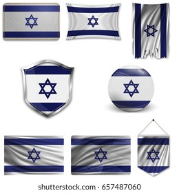 Set of the national flag of Israel in different designs on a white background. Realistic vector illustration.