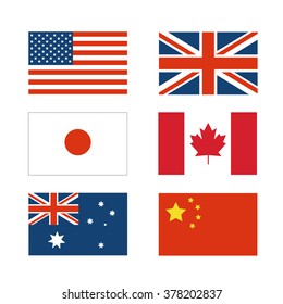 set of National flag of Japan, China, America, Australia, Canada and England