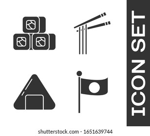 Set National flag of Japan on pole, Sushi, Sushi and Asian noodles and chopsticks icon. Vector