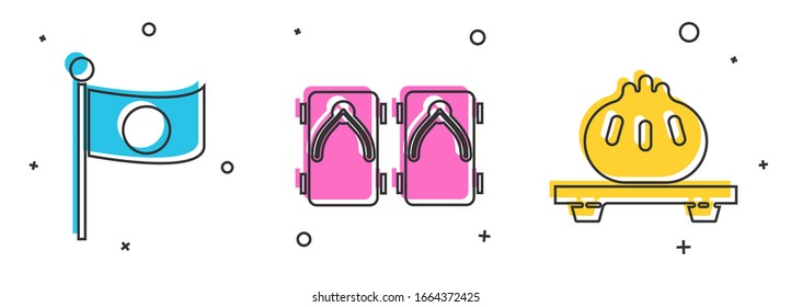 Set National flag of Japan on pole, Geta traditional Japanese shoes and Dumpling on cutting board icon. Vector