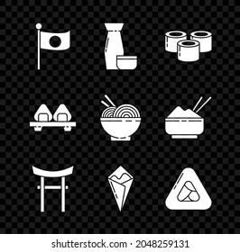 Fija la bandera nacional de Japón en el poste, ceremonia tradicional japonesa de té, Sushi, Gate, rollo Temaki, tabla de cortar y tazón asiático de fideos e icono de palillos. Vector
