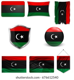 Set of the national flag of Libya in different designs on a white background. Realistic vector illustration.
