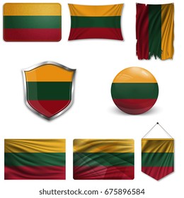 Set of the national flag of Lithuania in different designs on a white background. Realistic vector illustration.