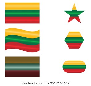 Set of National Flag of Lithuania. Lithuanian Flags in different shapes. European Country. Lithuania flags isolated on white background. Editable vector EPS available