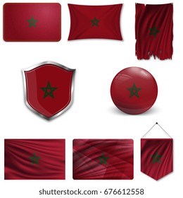 Set of the national flag of Morocco in different designs on a white background. Realistic vector illustration.