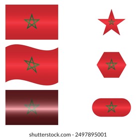 Set of National Flag of Morocco. Moroccan flags in different shapes. African Country. Morocco flags isolated on white background. Editable vector EPS available