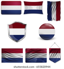 Set of the national flag of Netherlands in different designs on a white background. Realistic vector illustration.