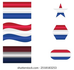 Set of National Flag of Netherlands. Holland Flags in different shapes. European Country. Netherlands flags isolated on white background. Editable vector EPS available