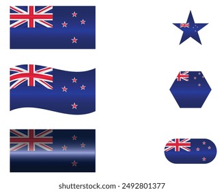 Set of National Flag of New Zealand. Kiwi flags in different shapes. Oceania Country. NZ flags isolated on white background. Editable vector EPS available