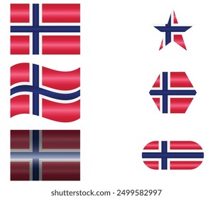 Set of National Flag of Norway. Norge in different shapes. European Country. Norwegian flags isolated on white background. Editable vector EPS available