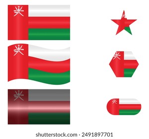 Set of National Flag of Oman. Omani flags in different shapes. Middle East Country. Oman flags isolated on white background. Editable vector EPS available