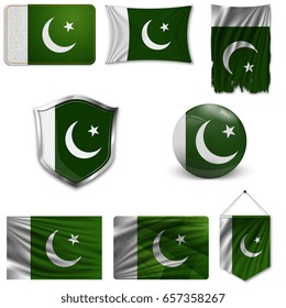 Set of the national flag of Pakistan in different designs on a white background. Realistic vector illustration.