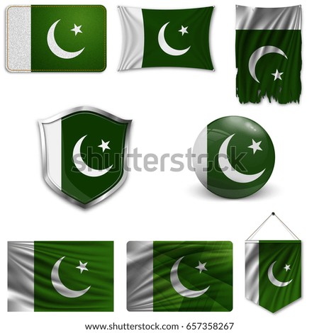 Set of the national flag of Pakistan in different designs on a white background. Realistic vector illustration.