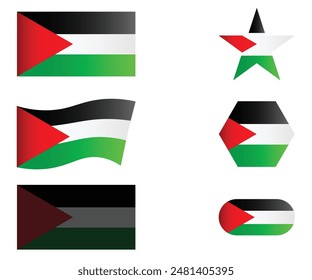 Set of National Flag of Palestine. Palestinian flags in different shapes. Middle east. Gaza flags isolated on white background. Editable vector EPS available