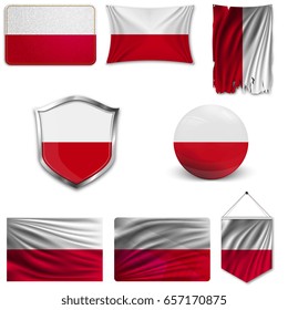 Set of the national flag of Poland in different designs on a white background. Realistic vector illustration.