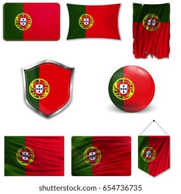 Set of the national flag of Portugal in different designs on a white background. Realistic vector illustration.