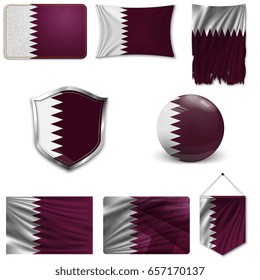 Set of the national flag of Qatar in different designs on a white background. Realistic vector illustration.