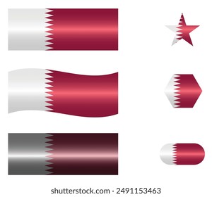 Set of National Flag of Qatar. Qatari flags in different shapes. Middle East Country. Qatar flags isolated on white background. Editable vector EPS available