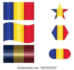 Set of National Flag of Romania. Romanians Flags in different shapes. European Country. Romania flags isolated on white background. Editable vector EPS available