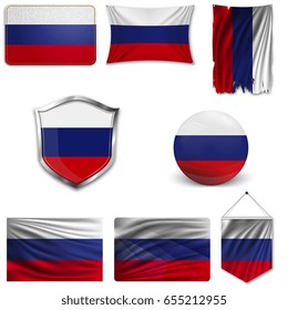 Set of the national flag of Russia in different designs on a white background. Realistic vector illustration.