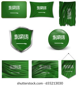 Set of the national flag of Saudi Arabia in different designs on a white background. Realistic vector illustration.