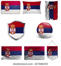 Set of the national flag of Serbia in different designs on a white background. Realistic vector illustration.