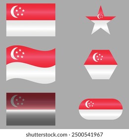 Set of National Flag of Singapore. Lion City in different shapes. Asian Country. Singapore flags isolated on grey background. Editable vector EPS available