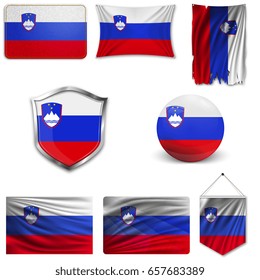 Set of the national flag of Slovenia in different designs on a white background. Realistic vector illustration.