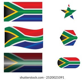 Set of National Flag of South Africa. SA Flags in different shapes. African Country. Azania flags isolated on white background. Editable vector EPS available