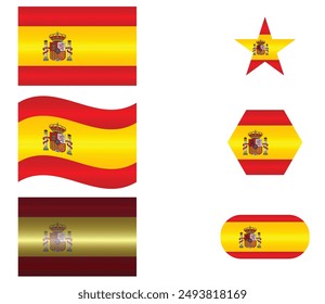 Set of National Flag of Spain. Spanish flags in different shapes. European Country. Spain flags isolated on white background. Editable vector EPS available