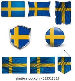 Set of the national flag of Sweden in different designs on a white background. Realistic vector illustration.