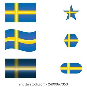 Set of National Flag of Sweden. Swedish in different shapes. European Country. Sweden flags isolated on white background. Editable vector EPS available