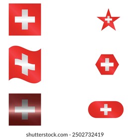 Set of National Flag of Switzerland. Swiss in different shapes. European Country. Switzerland flags isolated on white background. Editable vector EPS available