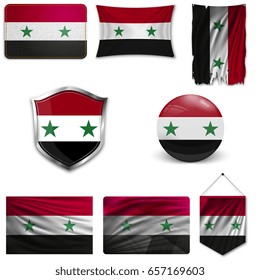 Set of the national flag of Syria in different designs on a white background. Realistic vector illustration.