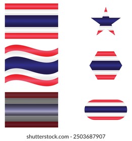 Set of National Flag of Thailand. Thai in different shapes. Asian Country. Thailand flags isolated on white background. Editable vector EPS available