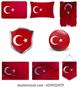 Set of the national flag of Turkey in different designs on a white background. Realistic vector illustration.