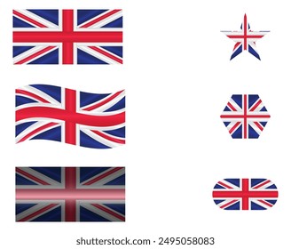 Set of National Flag of UK. United Kingdom flags in different shapes. European Country. Union Jack flags isolated on white background. Editable vector EPS available