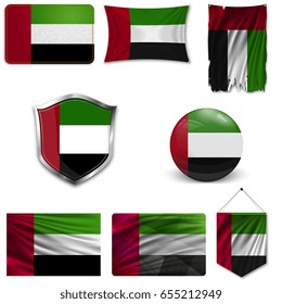 Set of the national flag of United Arab Emirates in different designs on a white background. Realistic vector illustration.
