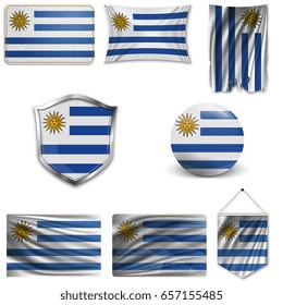 Set of the national flag of Uruguay in different designs on a white background. Realistic vector illustration.