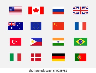 Set of National flag USA, Canada, Russia, UK, Australia, Eu, China, France, Turkey, Philippines, India, Brasil, Italy, Denmark, German, Portugal.