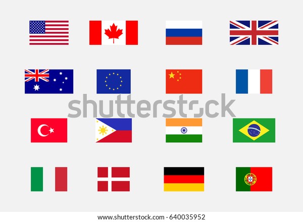 米国 カナダ ロシア 英国 オーストラリア Eu 中国 フランス トルコ フィリピン インド ブラジル イタリア デンマーク ドイツ ポルトガルの国旗のセット のベクター画像素材 ロイヤリティフリー