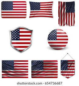 Set of the national flag of USA in different designs on a white background. Realistic vector illustration.