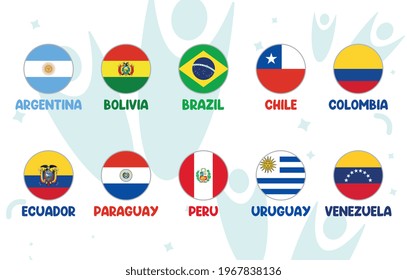 Juego de banderas nacionales torneo de fútbol para el equipo de escenario final en Sudamérica. Torneo de fútbol sudamericano en Argentina y Colombia. Ilustración vectorial.