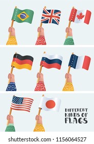 Set of national flags. Human hand holding flag of different countries. Vector cartoon illustration in modern concept