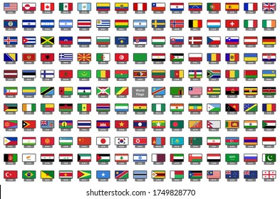 Set of national flags in rectangle icons and national code