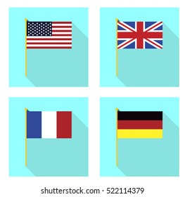 set of national flags, usa, british or united kingdom, france, and germany all in light blue square flat design