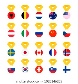 Set national flags of the world isolated on white background. Medal with the flag - vector illustration