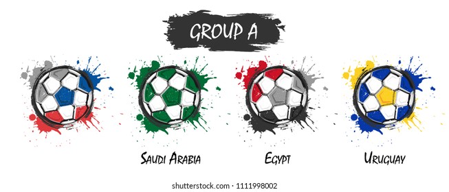 Set of national football team group A . Realistic watercolor art paint with stained splash color . Flat design . Vector for international world championship tournament cup 2018 .